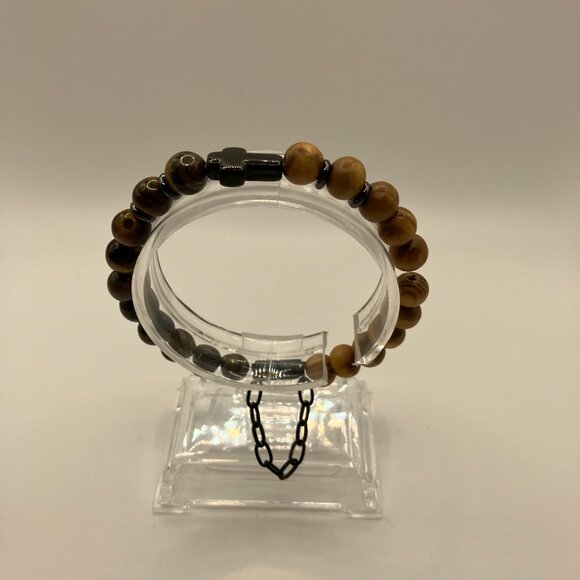 Tiger Eye and Wooden Beaded Bracelet with Stainless Steel Cross + Magnet clasp - Picture 10 of 10